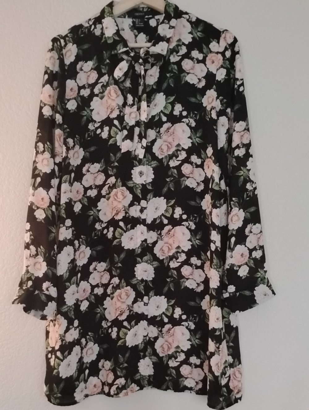 Forever 21 Black Sheer Floral Long-Sleeve Tie-Neck Dress